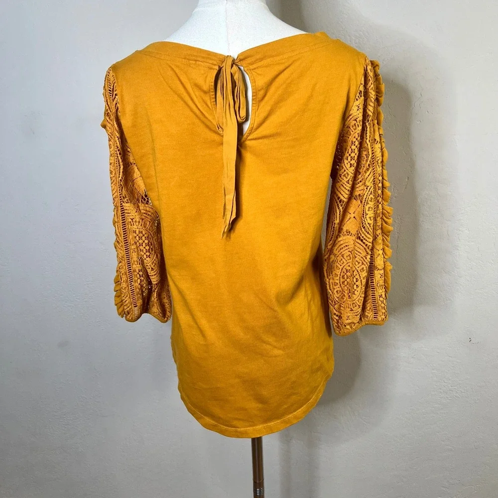 Anthropologie Top Lace Crochet Ruffle Sleeve Size Medium Yellow Tie Back Knit - Picture 4 of 10